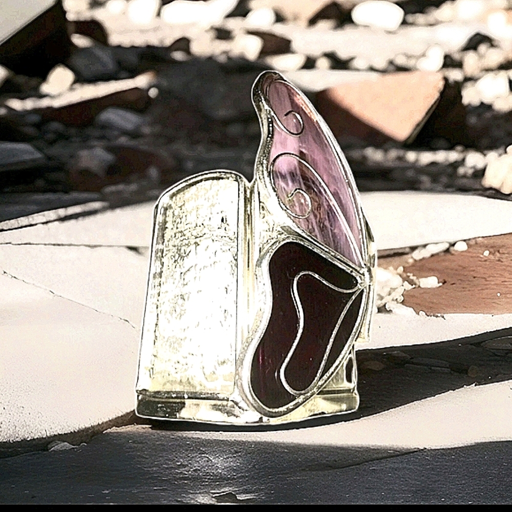 Stained Glass Candle Votive Purple Butterfly 5 in Tall